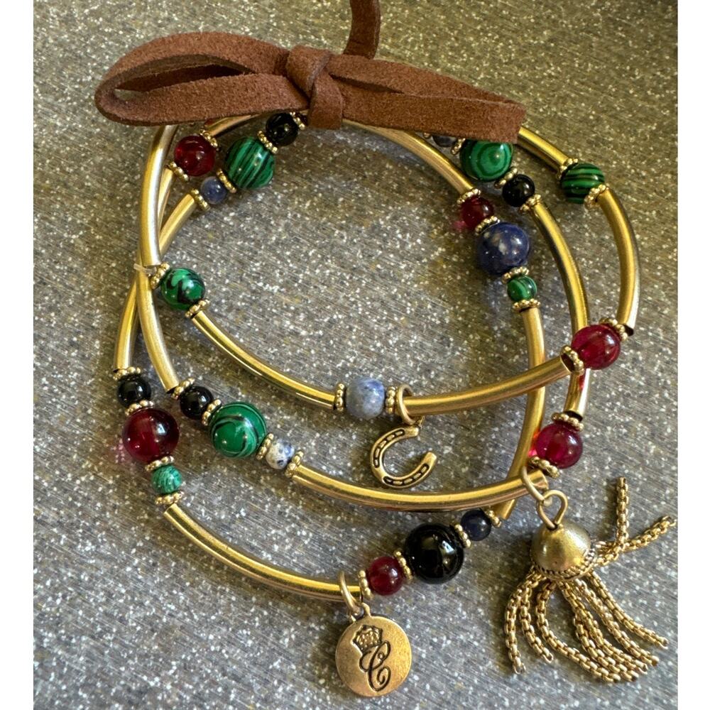 Three Strand Stretch Bracelets, Blue Green Red Beads Horseshoe Rhinestone Dangle